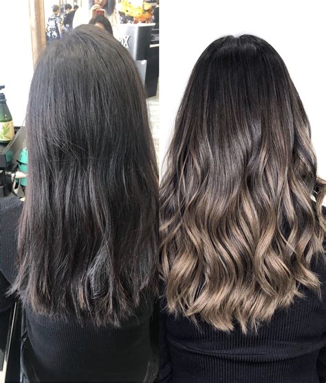 balayage on dark brown hair before and after